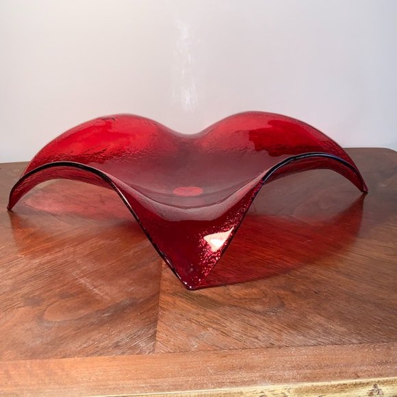 Vintage Red Glass Bowl, Bowring, square, wavy, 16"x16"x4" - Picture 1 of 9